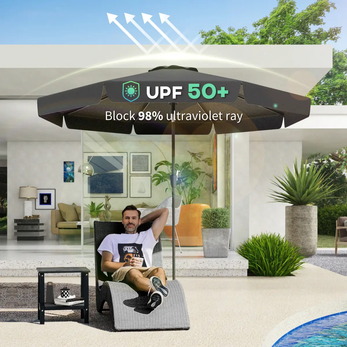 Outsunny Outsunny 2.7m Patio Umbrella Garden Parasol with Crank, Ruffles, 8 Ribs, Black - Parasol