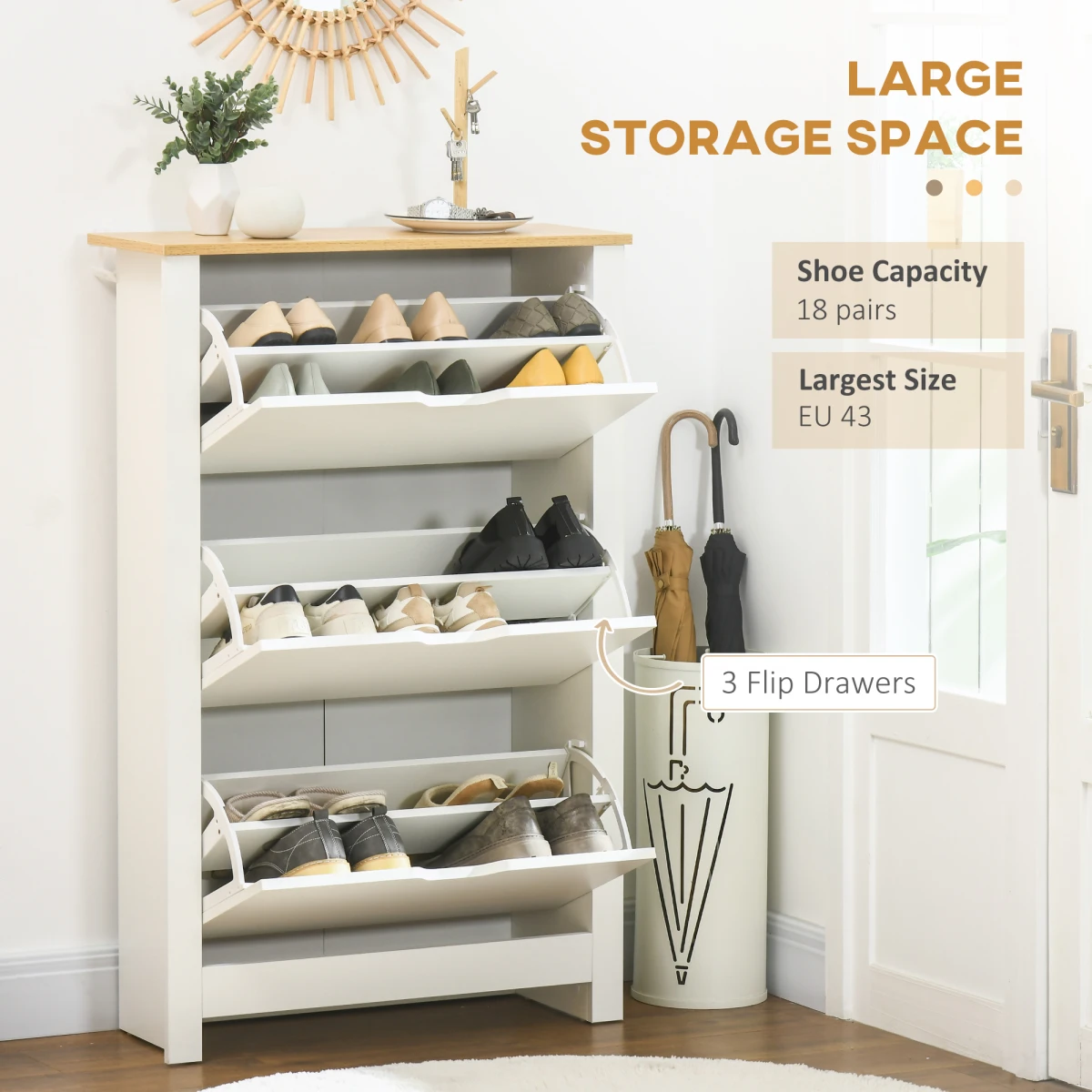 HOMCOM HOMCOM Shoe Cabinet White Wood Top 18 Pair Capacity 6 Shelves 3 Drawers Anti Tip - Shoe Storage