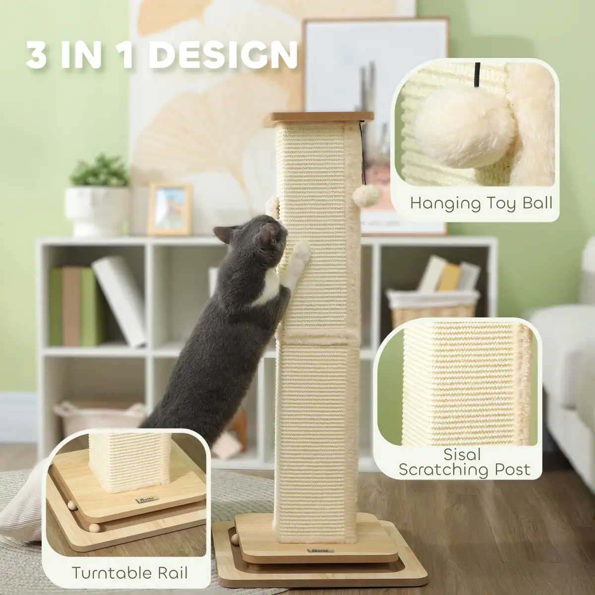 PawHut PawHut 87cm Cat Scratching Post 3 in 1 Cat Scratcher w/ Track Ball Toy - Cat Tree