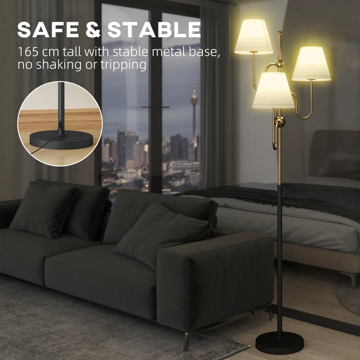 N/A Lux Floor Lamp 165cm 3 Linen Shades Living Room - Lamp