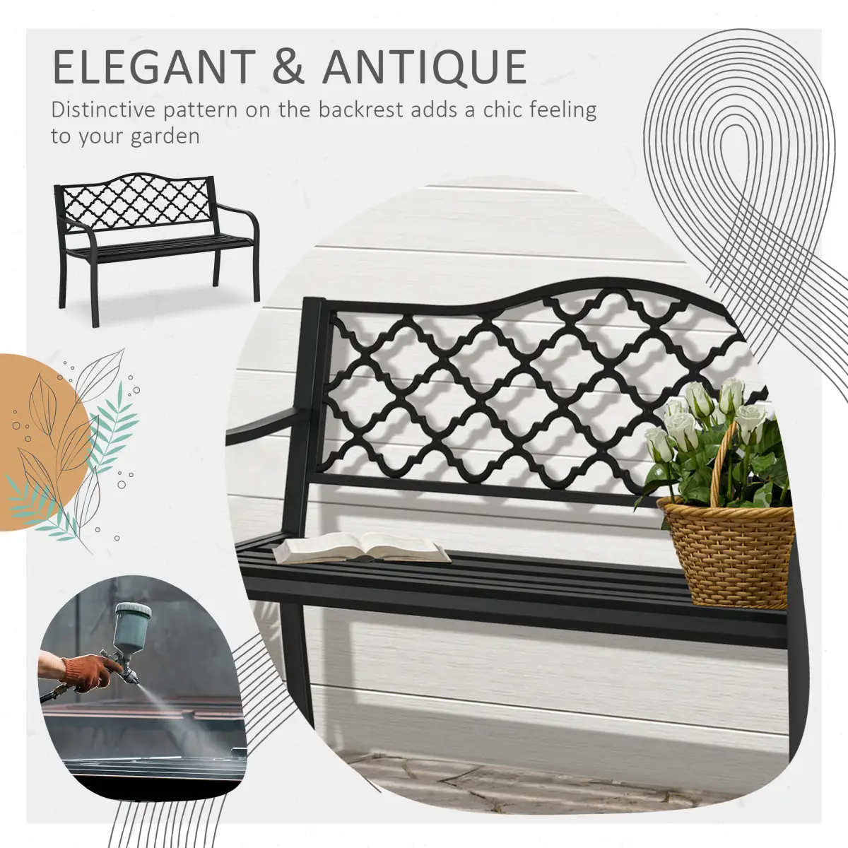 Outsunny 2-Seater Outdoor Garden Bench Antique Steel Armrest, - Garden Chairs