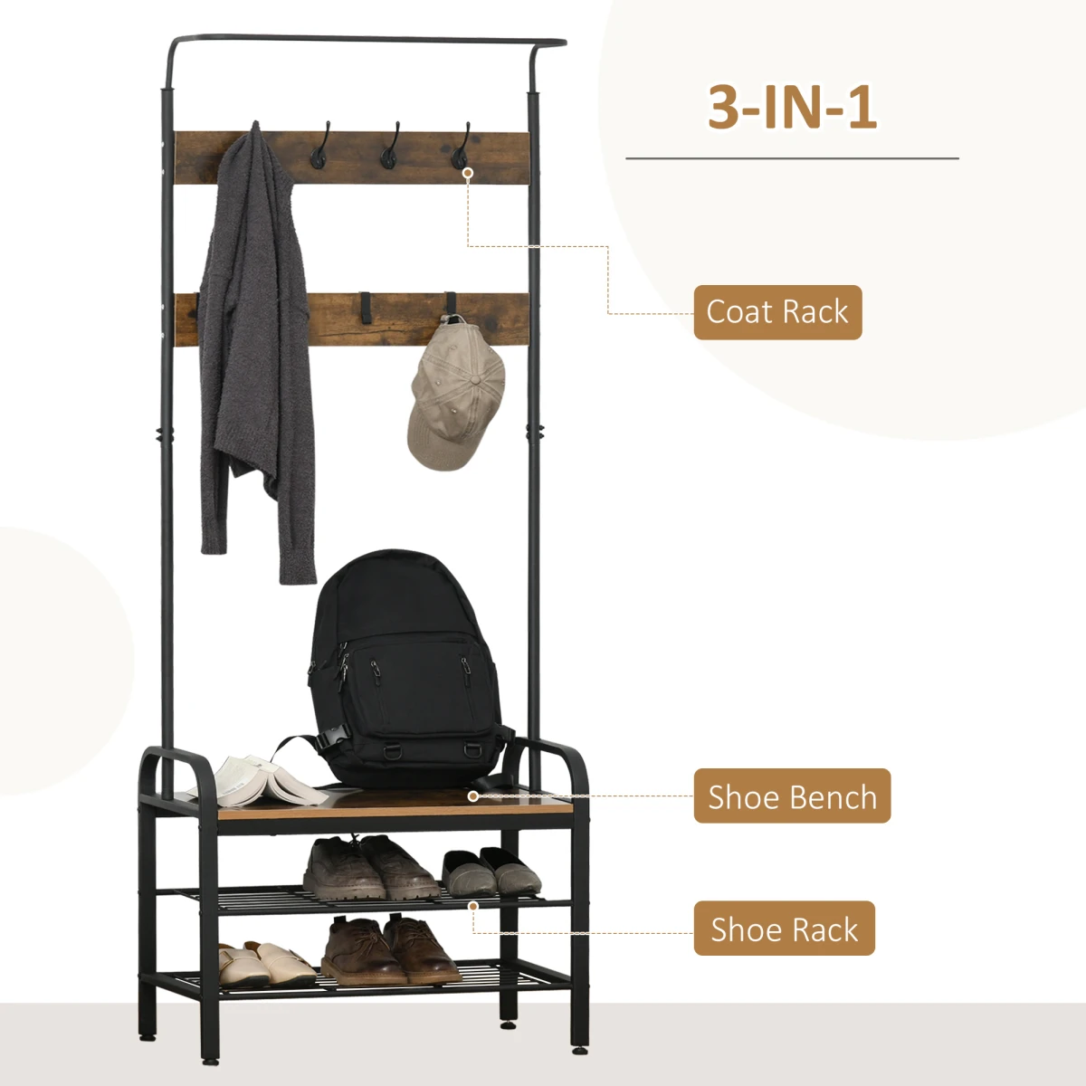 Industrial Coat Rack Stand With 8 Hooks And Brown Storage Shelf Tall Entryway Organizer by Unbranded