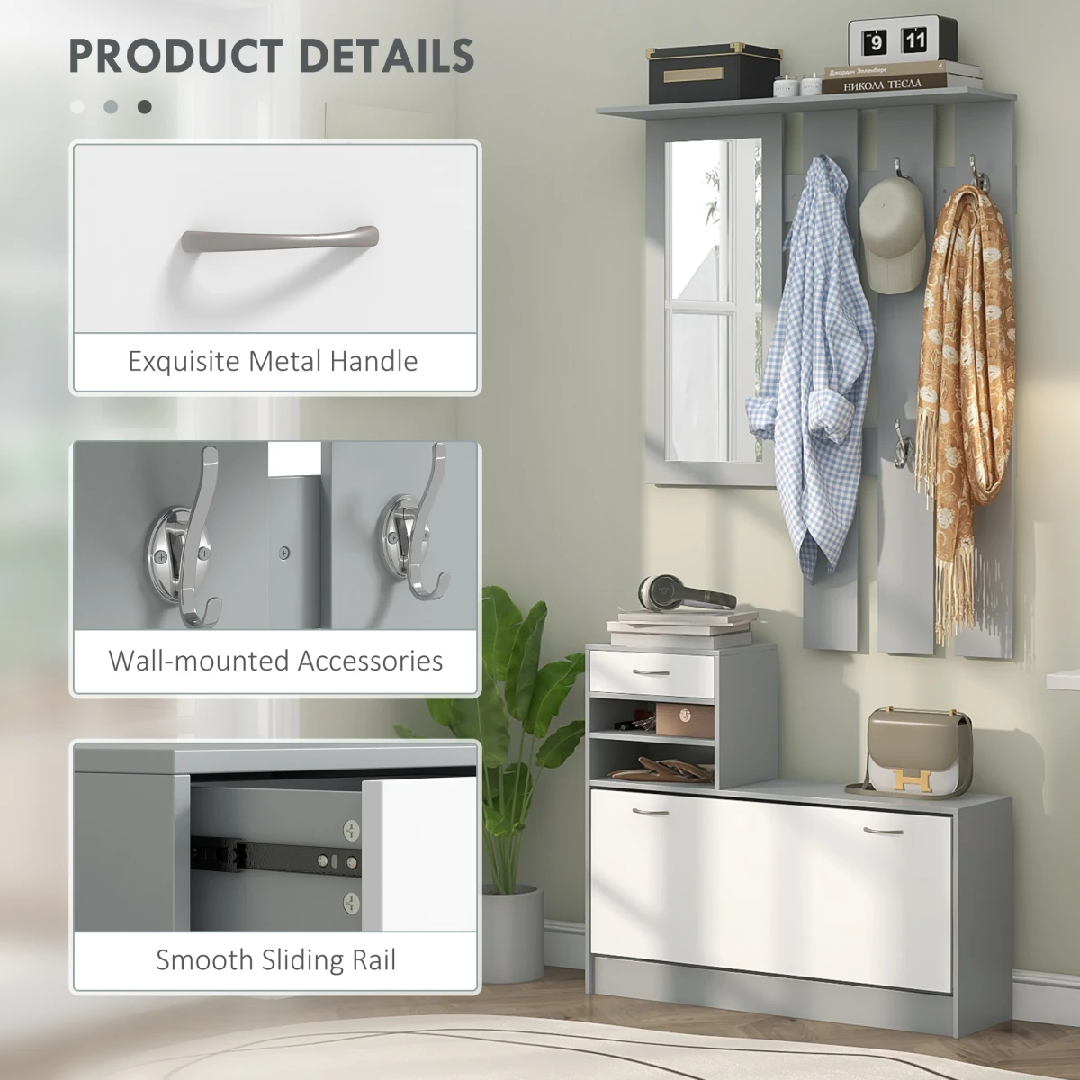 HOMCOM Hallway Furniture Set Compact Size With Mirror And Shoe Cabinet For Entryway Organization - Wardrobe