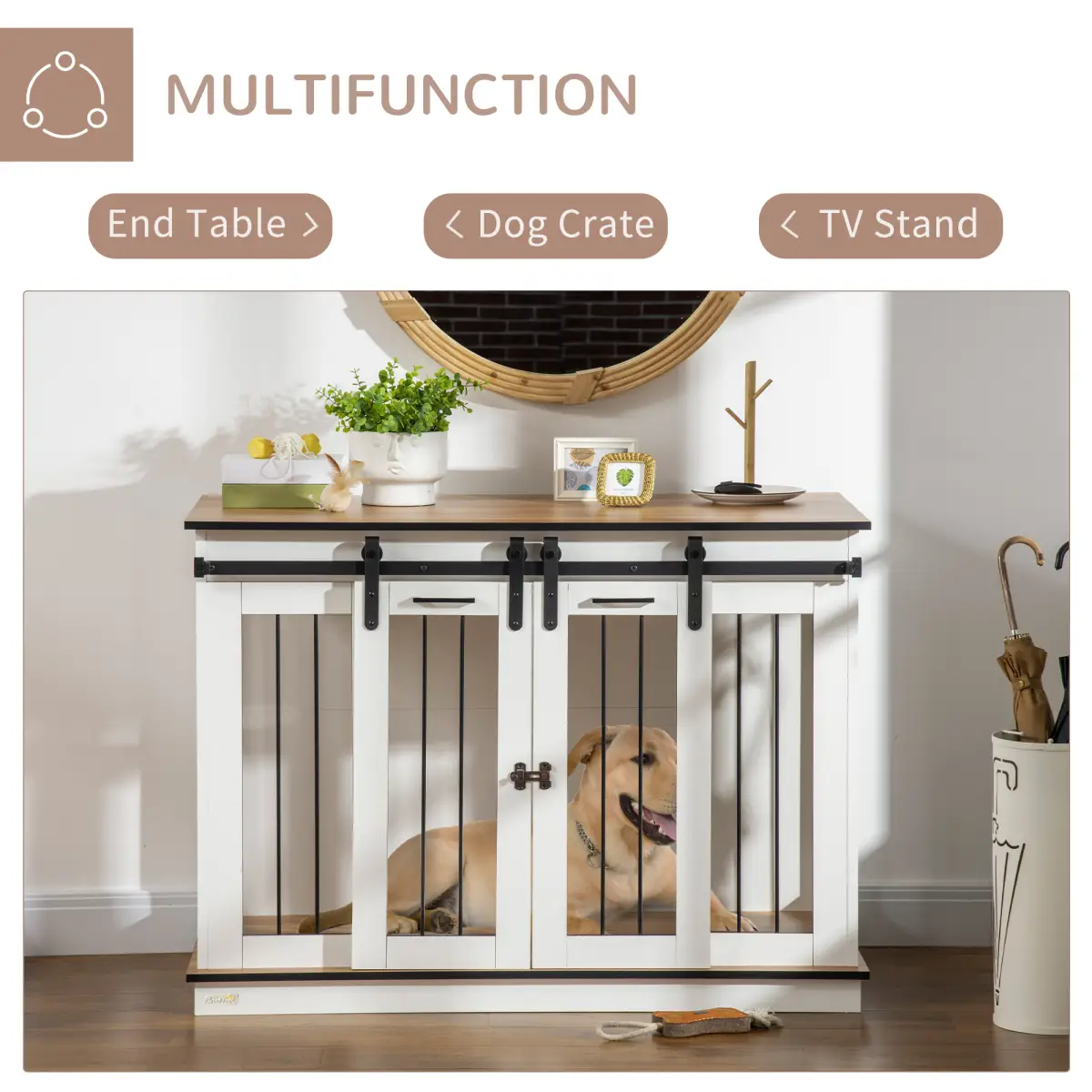 PawHut Dog Crate Furniture for Large Dogs, Double Dog Cage for Small Dogs, White - Dog Crate