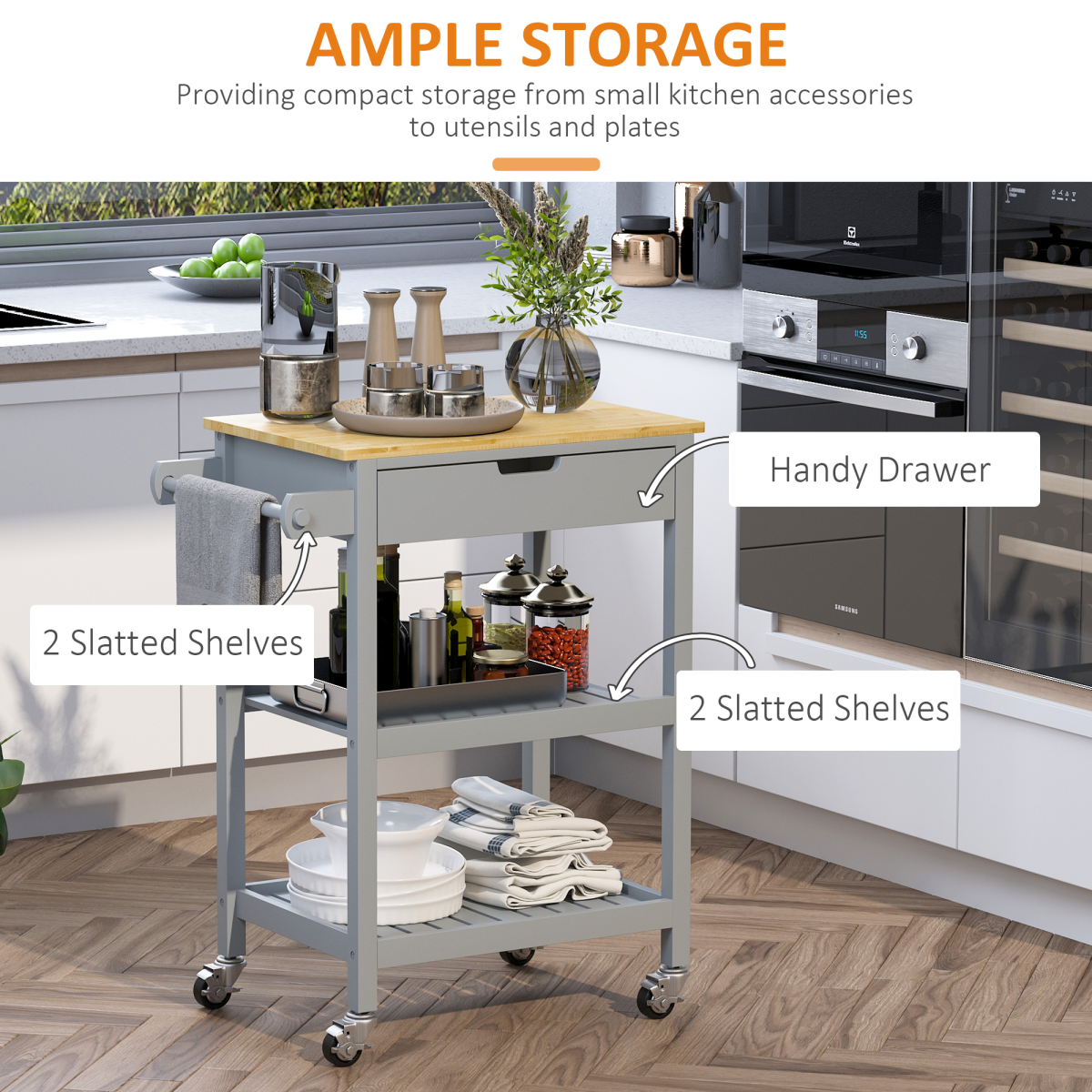 Kitchen Trolley Utility Cart on Wheels with Rubberwood Worktop Towel Rack - from HOMCOM