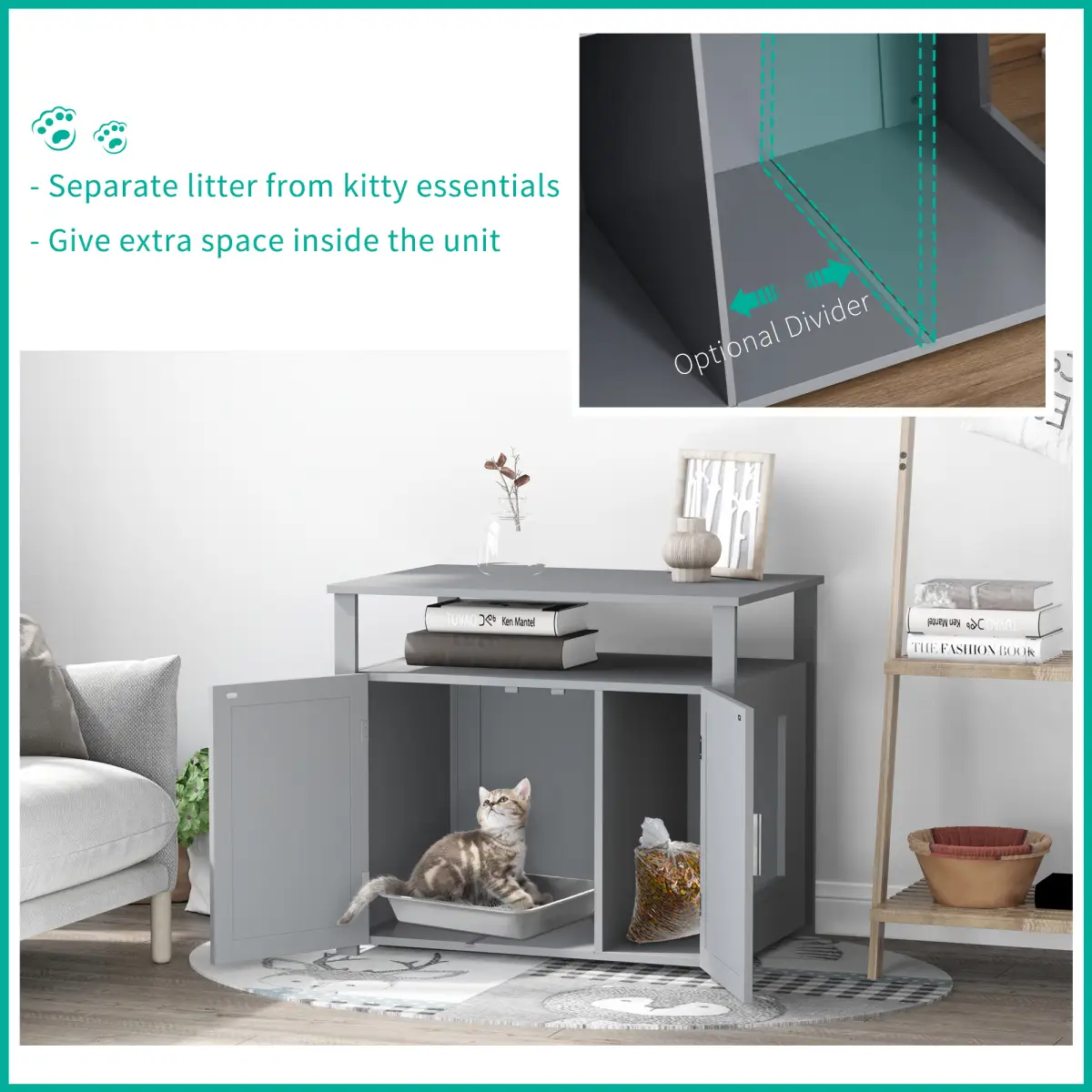 Wood Cat Litter Box Enclosure Furniture Adjustable Interior Wall Grey Pawhut - Cat Litter