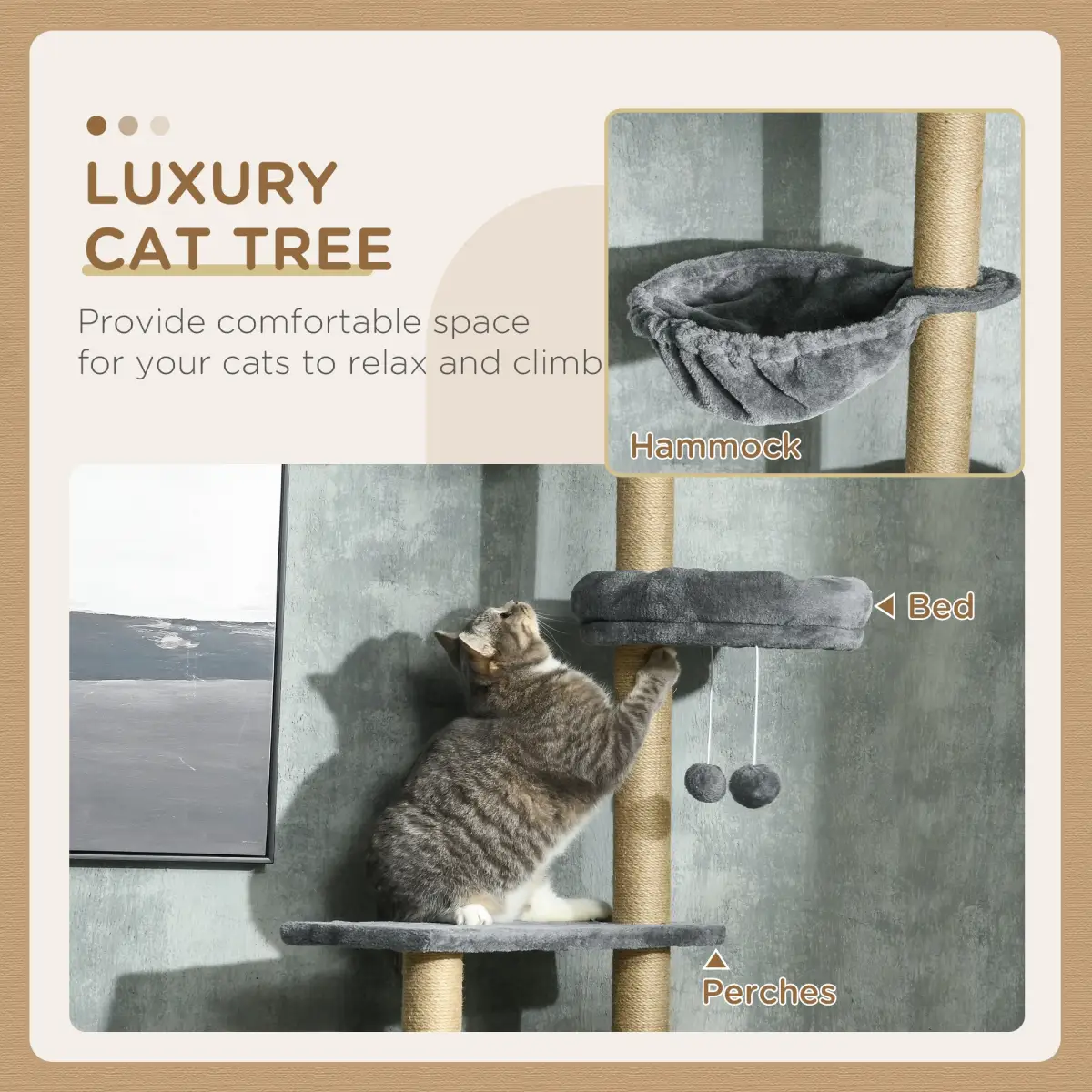 PawHut 6-Tier Floor to Ceiling Cat Tree with Scratching Post, Bed, Hammock, Grey - Cat Tree