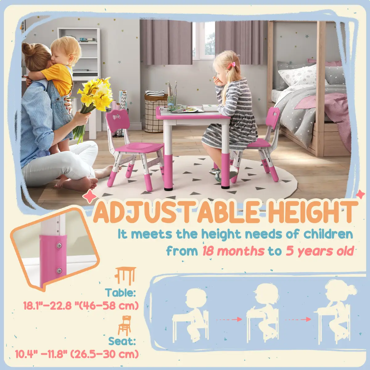 AIYAPLAY AIYAPLAY 3 Pcs Height Adjustable Kids Table and Chair Set for Playroom - Pink - Picnic Tables
