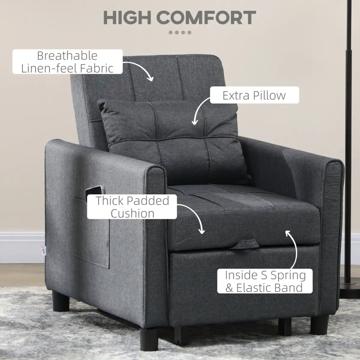 HOMCOM HOMCOM Pull Out Chair Bed, Sleeper Chair with Pillow, Side Pockets, Grey - Sofa Bed