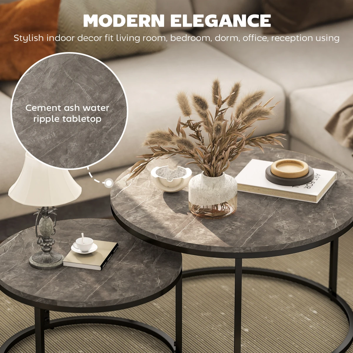 HOMCOM Two Piece Stacking Coffee Tables Set Large And Small Marble Effect MDF Tops Steel Frame With Foot Pads For Living Room - Coffee Table