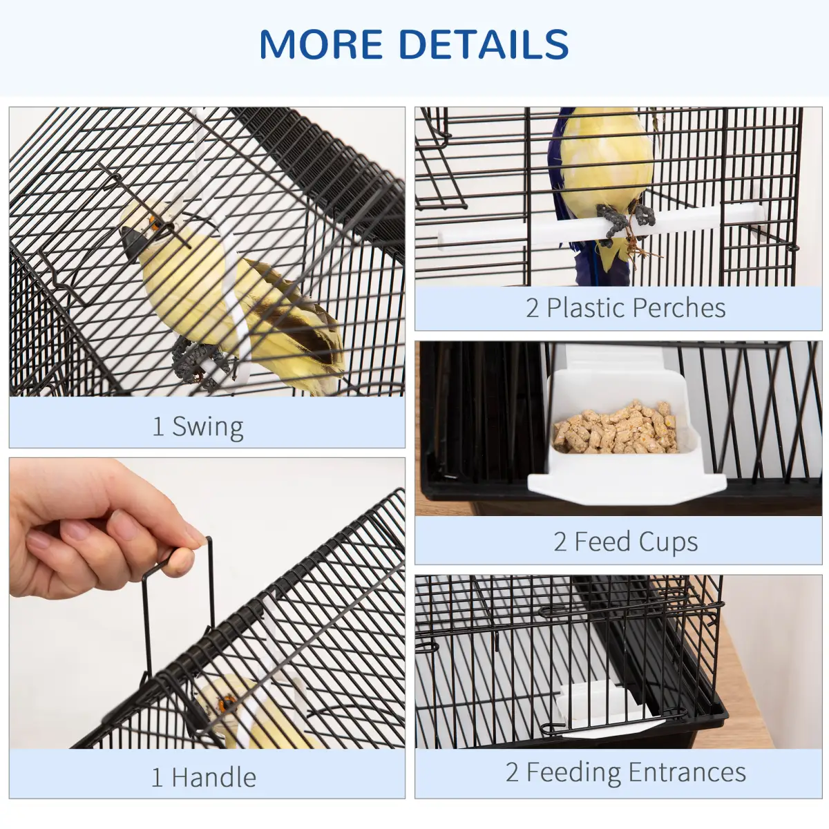 PawHut Metal Bird Cage w/ Plastic Perch, Food Container, Swing Ring, Handle - Black - Bird Cage