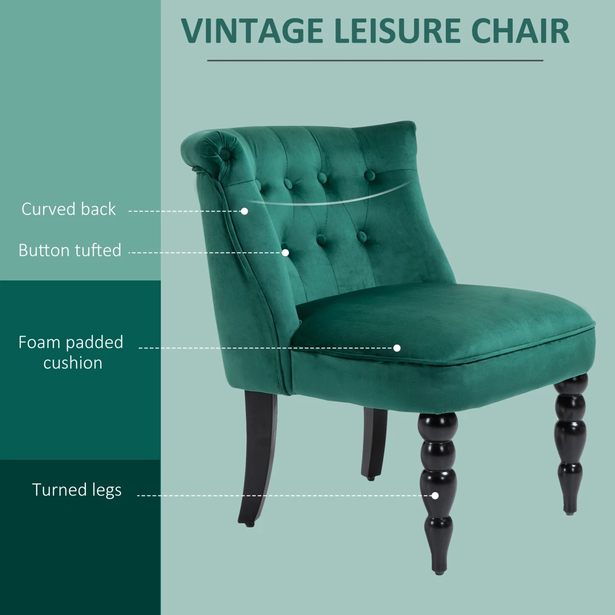 HOMCOM Velvet Wingback Chair Tufted Back Rubber Wood Legs - Accent Chair