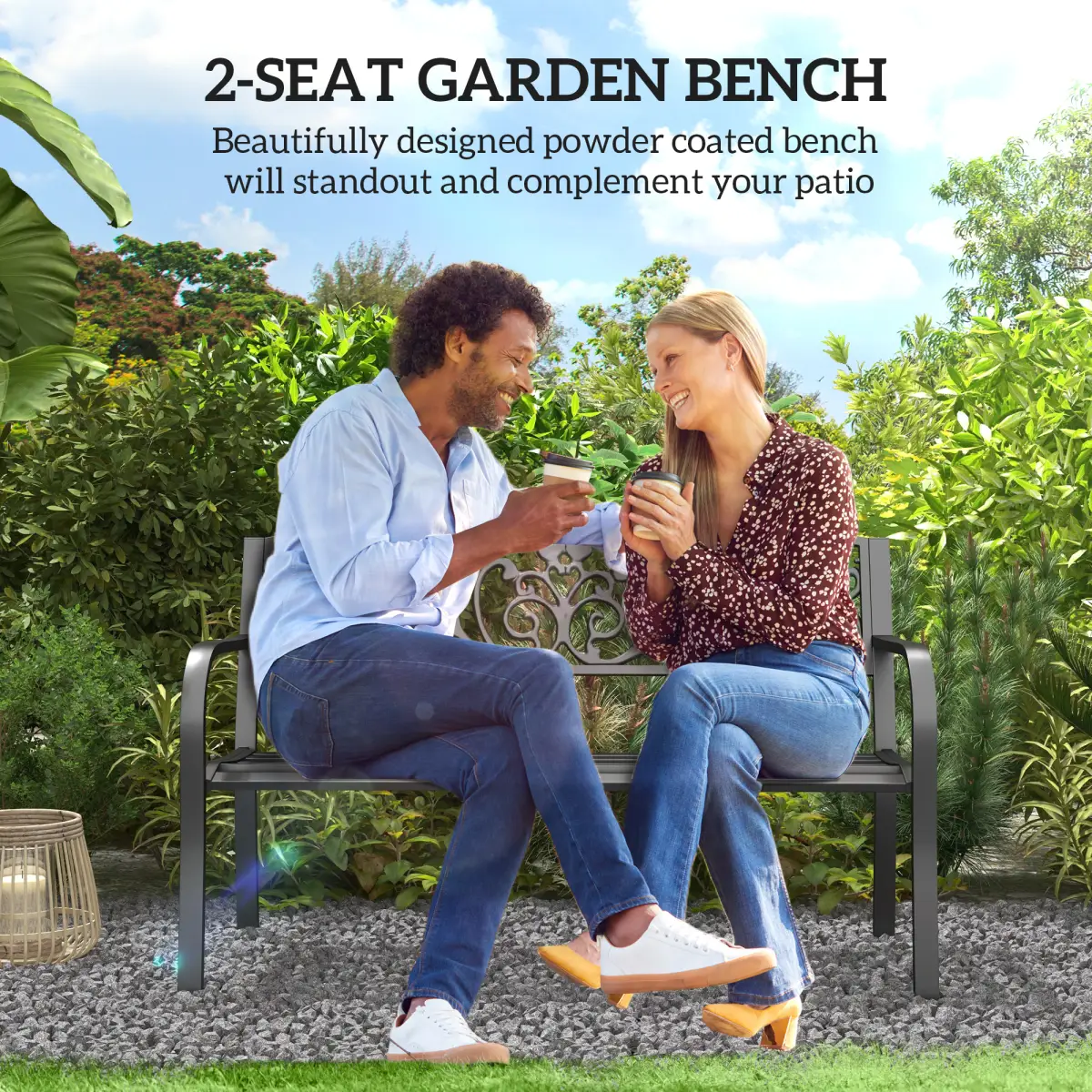 Outsunny 2-Seater Garden Bench, Steel-Black - Garden Chairs