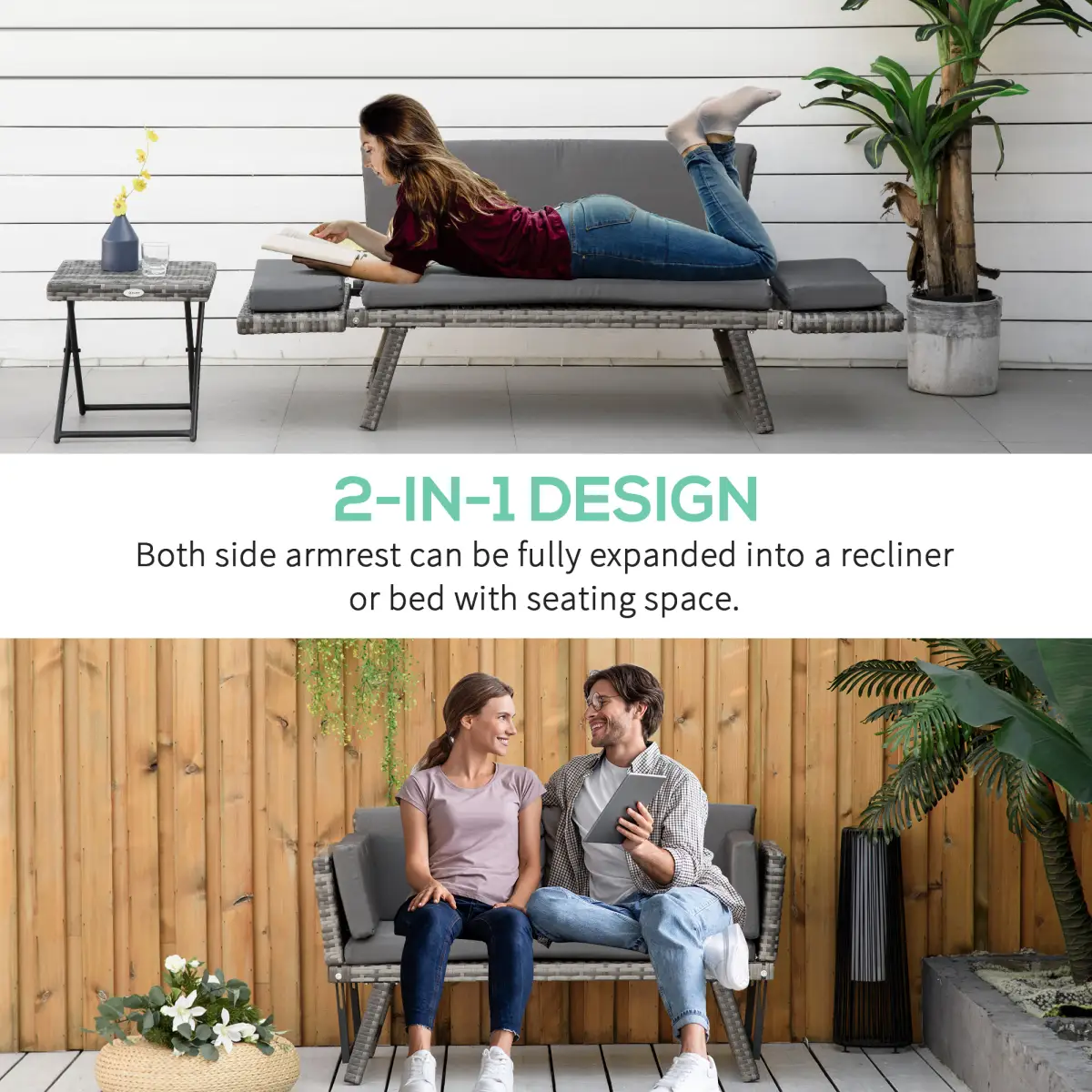 Outsunny 2 in 1 Rattan Folding Daybed Sofa Grey w/Cushion - Garden Sofa Sets