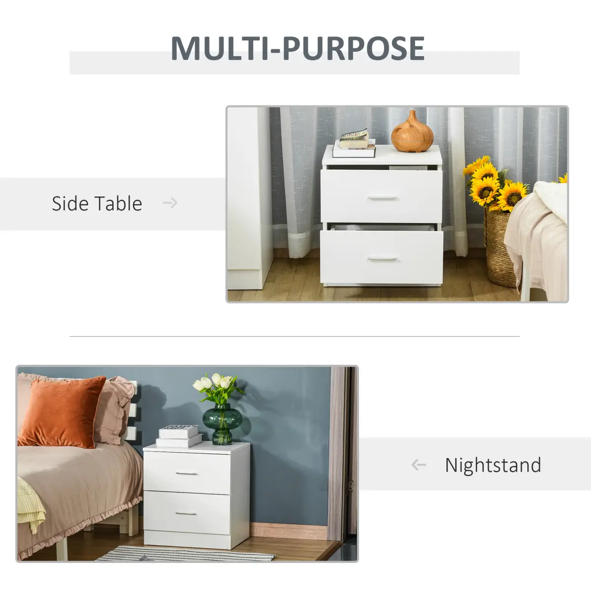 HOMCOM Bedside Table w/ 2 Drawers, Nightstand, Side Storage Cabinet Unit - Bedside Table