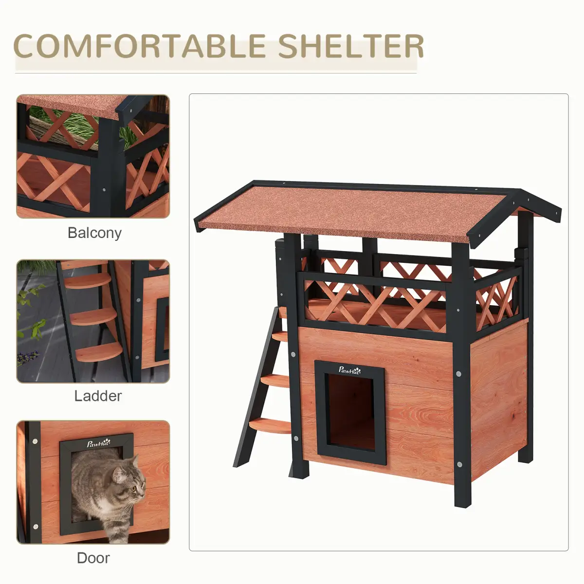 PawHut PawHut Outdoor Cat House with Balcony Stairs Roof, Brown - Cat House