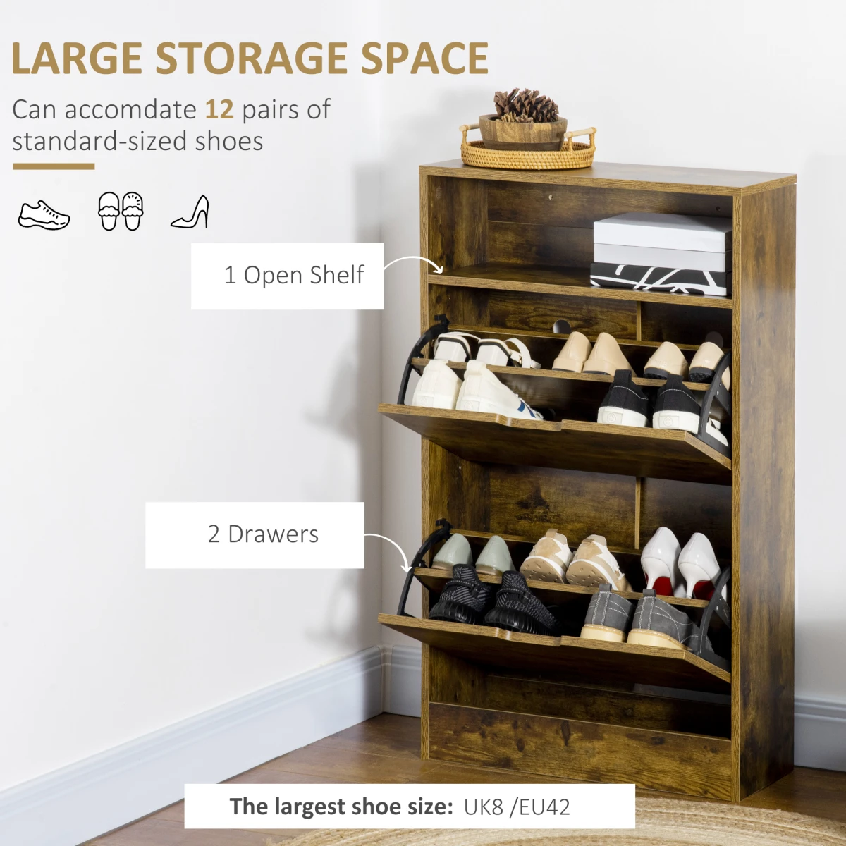 Unbranded HOMCOM Rustic Shoe Cabinet 2 Flip Doors Adjustable Divider Open Shelf Hallway Organizer - Shoe Storage