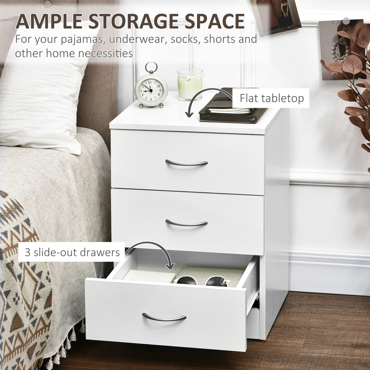 HOMCOM Bedside Cabinet 40x30x60 Cm White 3 Drawer Nightstand With Smooth Glides by HOMCOM