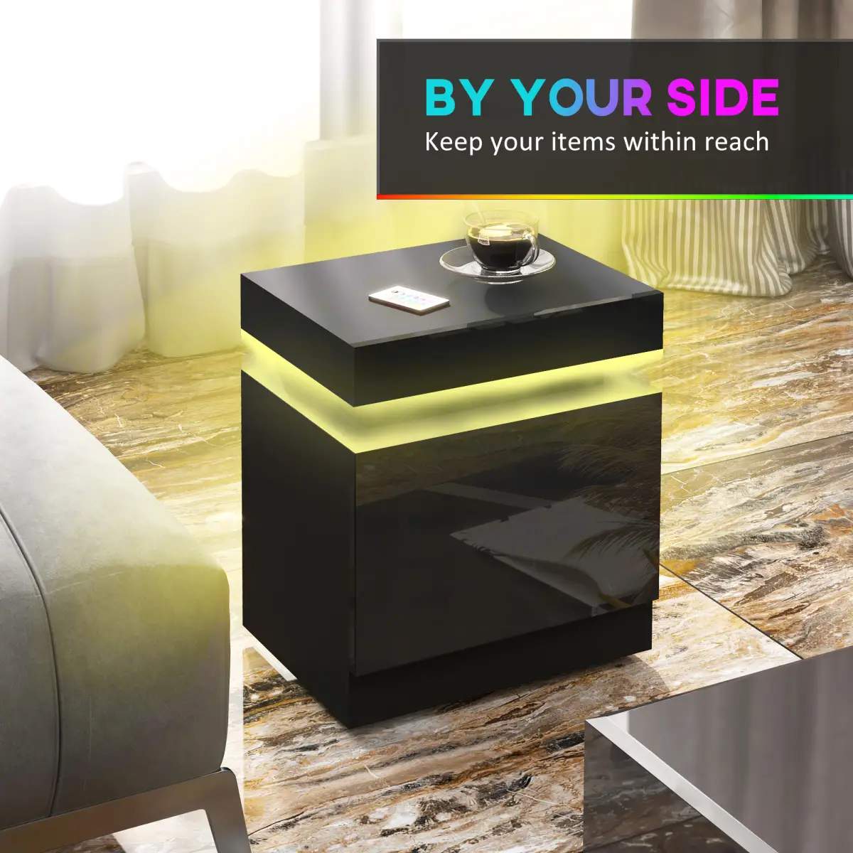 HOMCOM HOMCOM High Gloss Bedside Table with LED Light and 2 Drawers, Black - Bedside Table