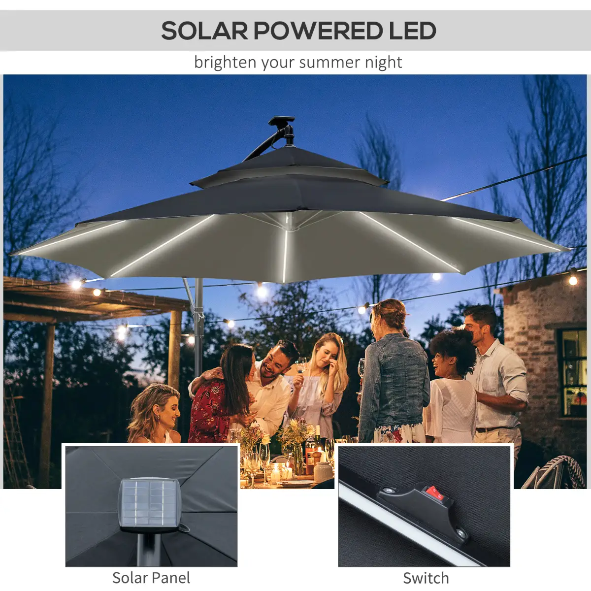 Outsunny Outsunny 3(m) Cantilever Parasol Hanging Banana Umbrella w/ lights, Black - Parasol