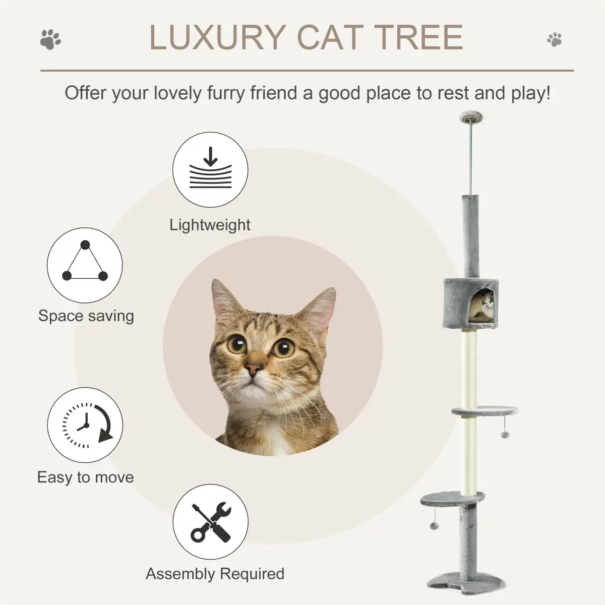 Pawhut Cat Tree, Multi-Floor Pet Playhouse w/ Solid Scratching Post, Light Grey - Cat Tree