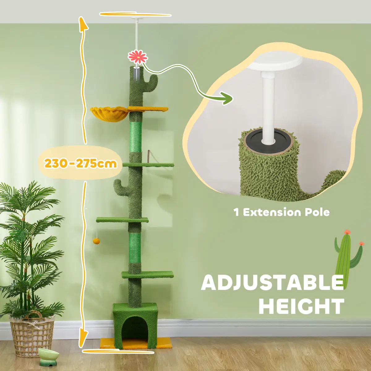 PawHut PawHut 230-275cm Floor-to-Ceiling Cat Tree for Indoor Cats with Cat House - Cat Tree
