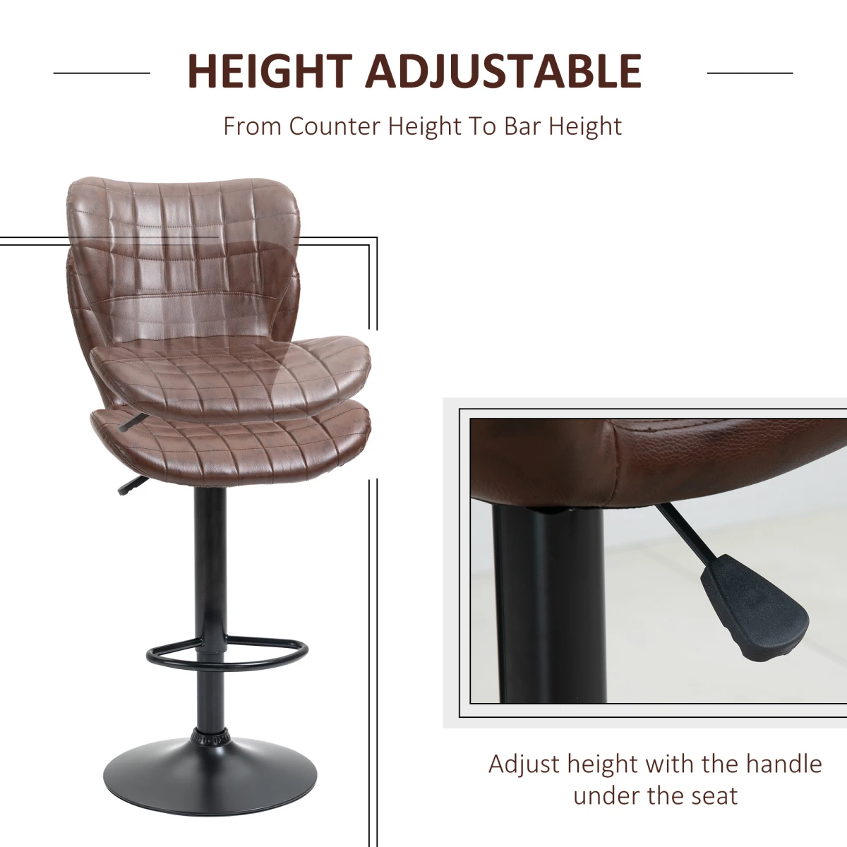 Set of 2 Adjustable Height Swivel Bar Chairs in PU Leather with Backrest Brown by HOMCOM