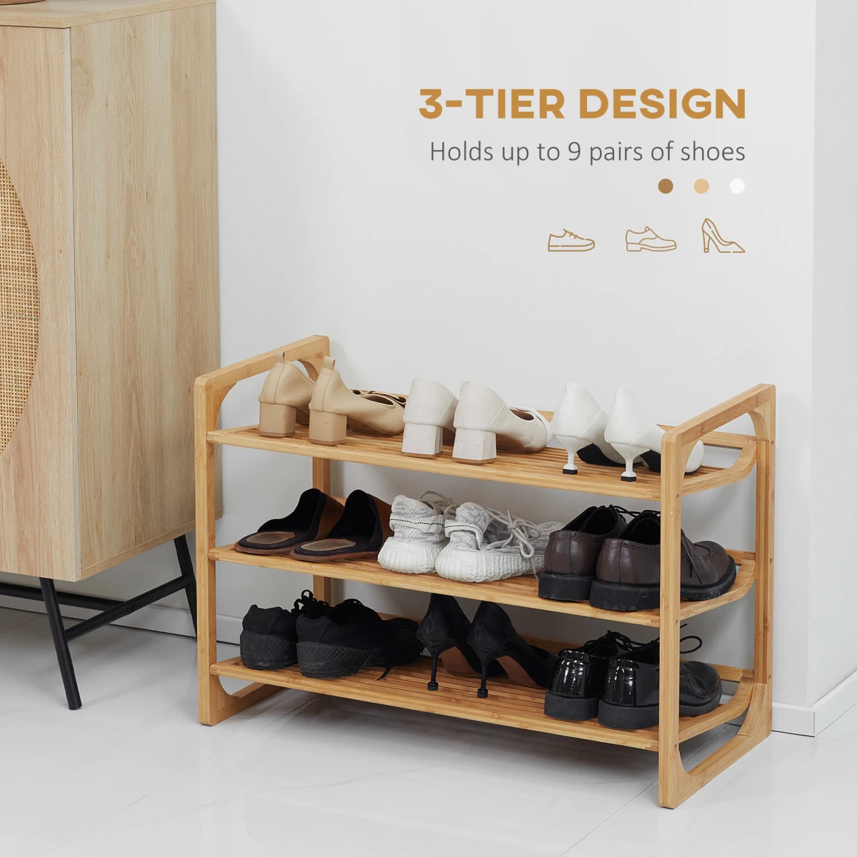 Bamboo Shoe Rack, 3-tier Shoe Storage Shelf for 9 Pair Shoes for Entryway by HOMCOM