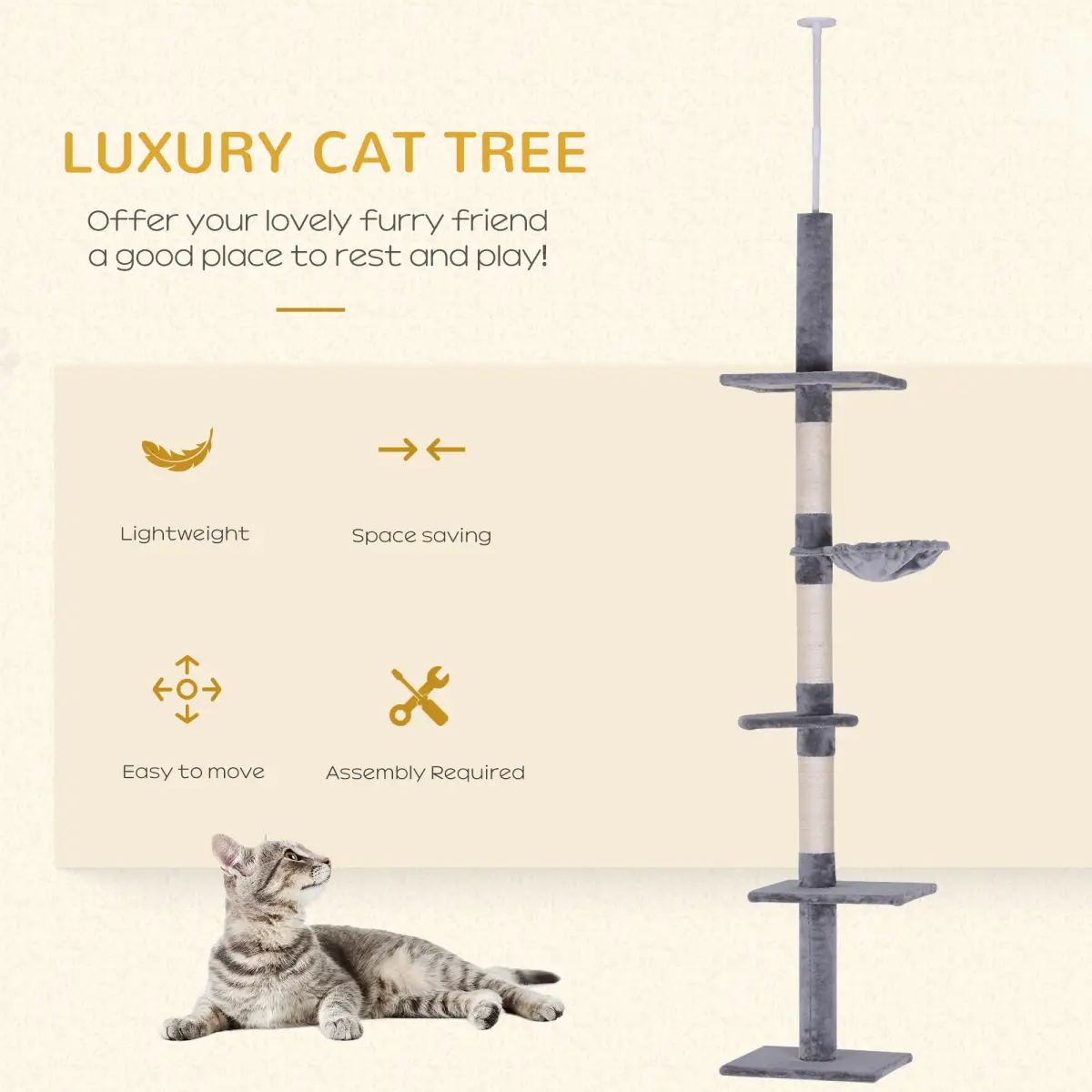 Unbranded Cat Tree Scratching 5-Tier Kitty Tower Floor to Ceiling Adjustable Pawhut - Cat Tree