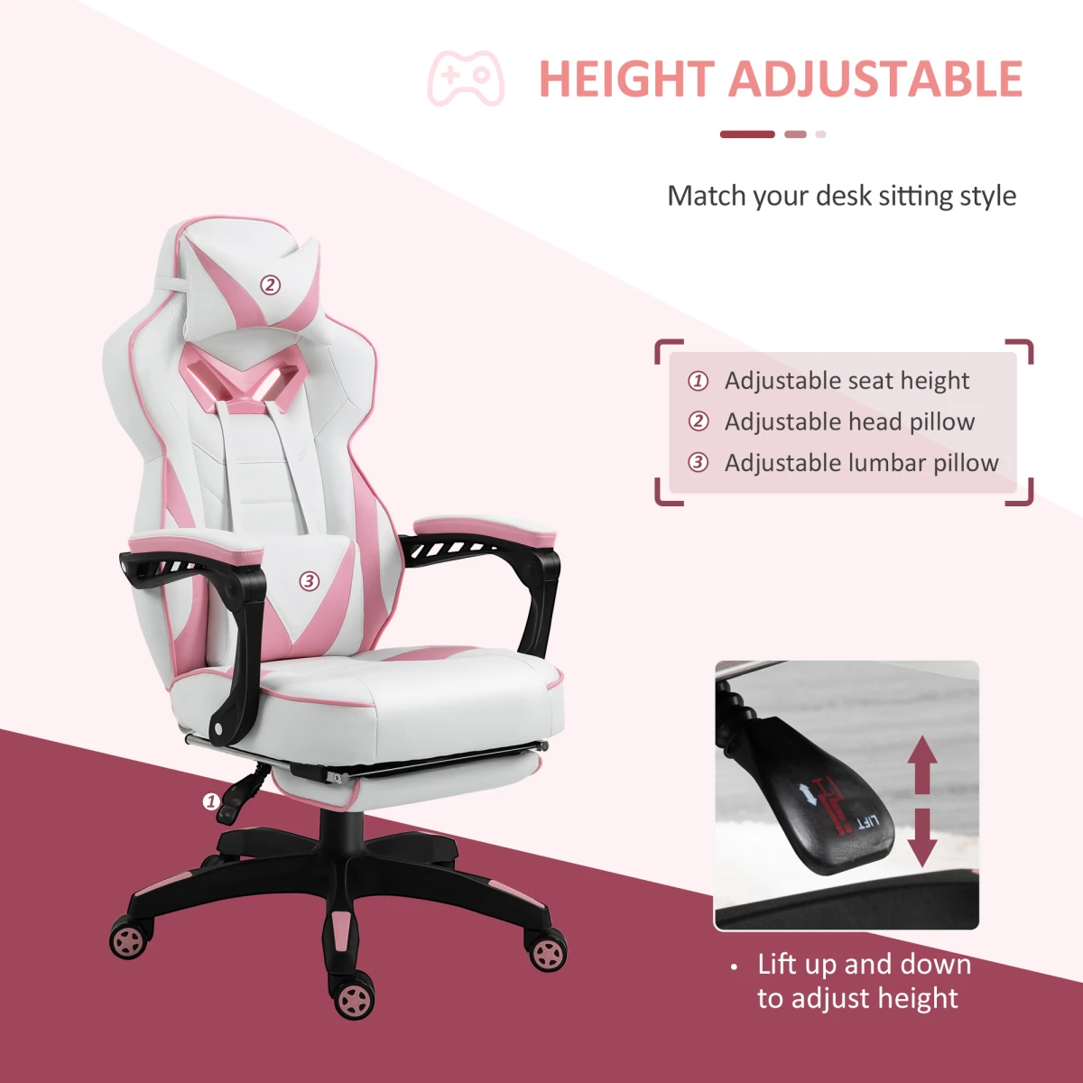 Gaming Chair Ergonomic Reclining w/ Manual Footrest Wheels Stylish Office Pink by Vinsetto