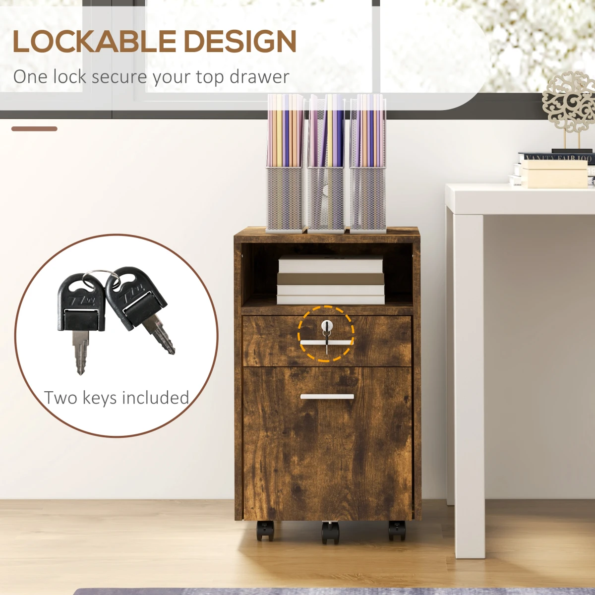 Vinsetto Vinsetto Mobile File Cabinet Lockable 5 Wheels - Filing Cabinet