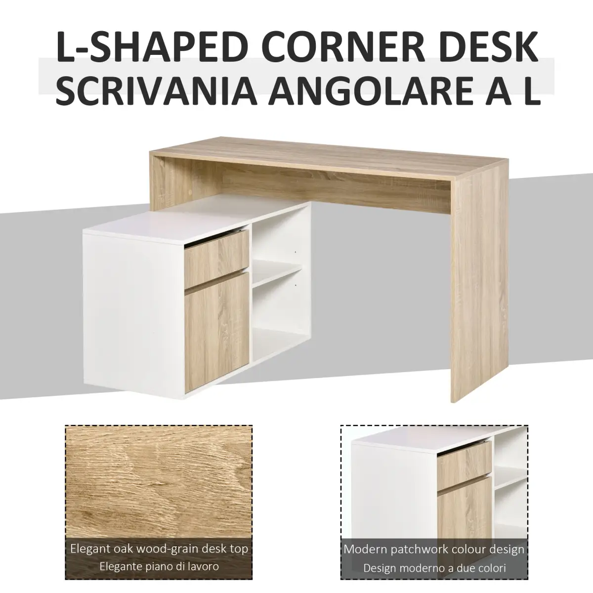 HOMCOM L-Shaped Corner Computer Desk Oak and White - Desk