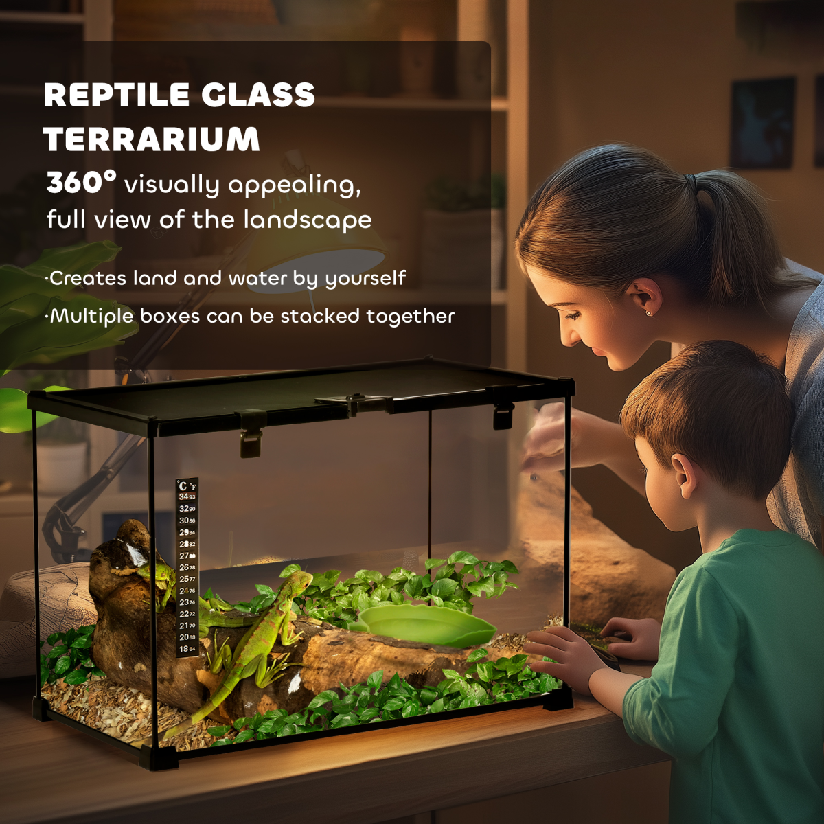 50 x 30 x 35 cm Reptile Terrarium for Lizards, Horned Frogs, Snakes, Black - from Pawhut
