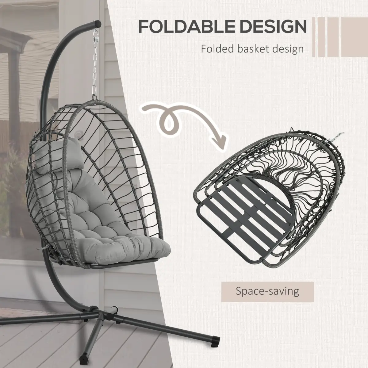 Outsunny Outsunny PE Hanging Swing Chair w/ Thick Cushion, Patio Hanging Chair, Grey - Hammocks