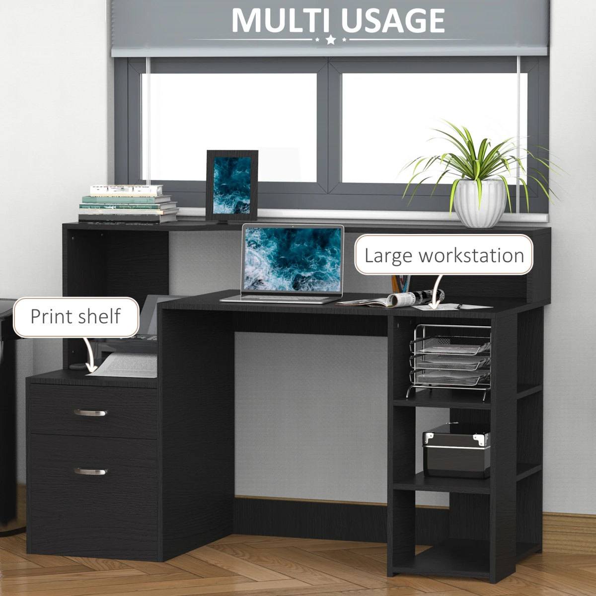 HOMCOM Desk With Shelves 3Drawer Storage Office by Unbranded