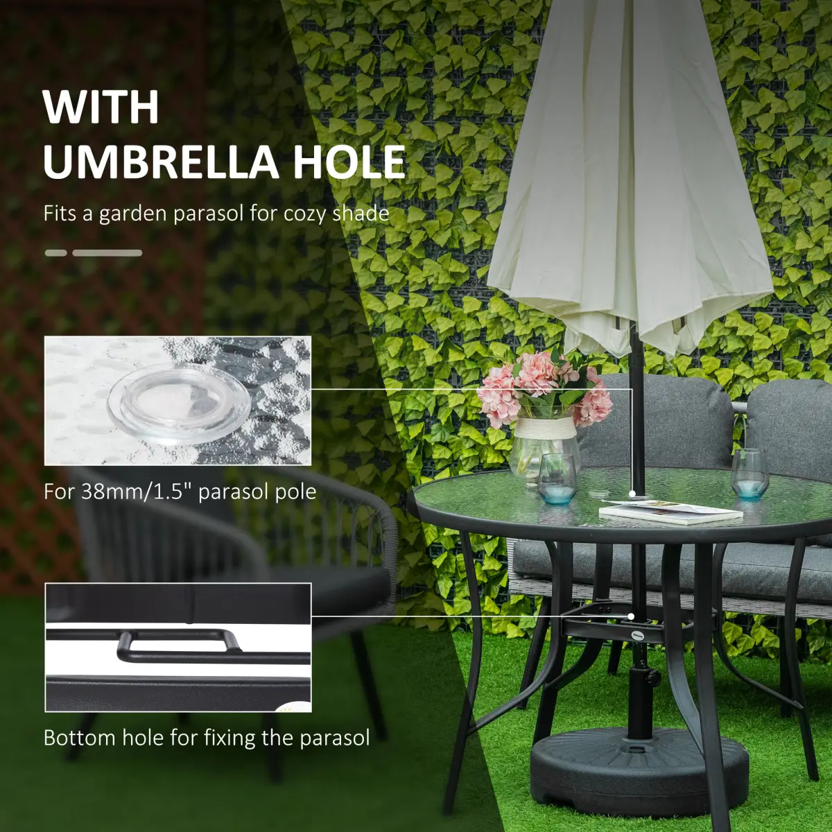 Outsunny 106cm Round Garden Dining Table with Parasol Hole Tempered Glass Top Steel Frame - Garden Table