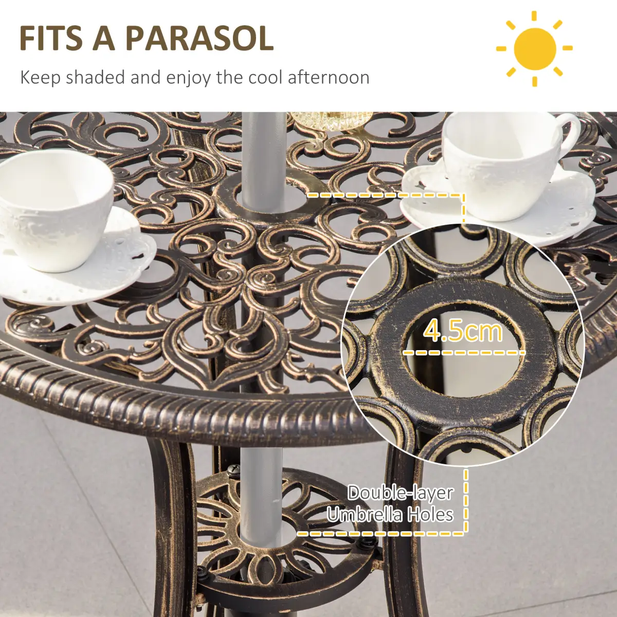 Bronze Cast Aluminium Outdoor Garden Bistro Set For Two With Parasol Hole Cushions - Outsunny - Home Symphony