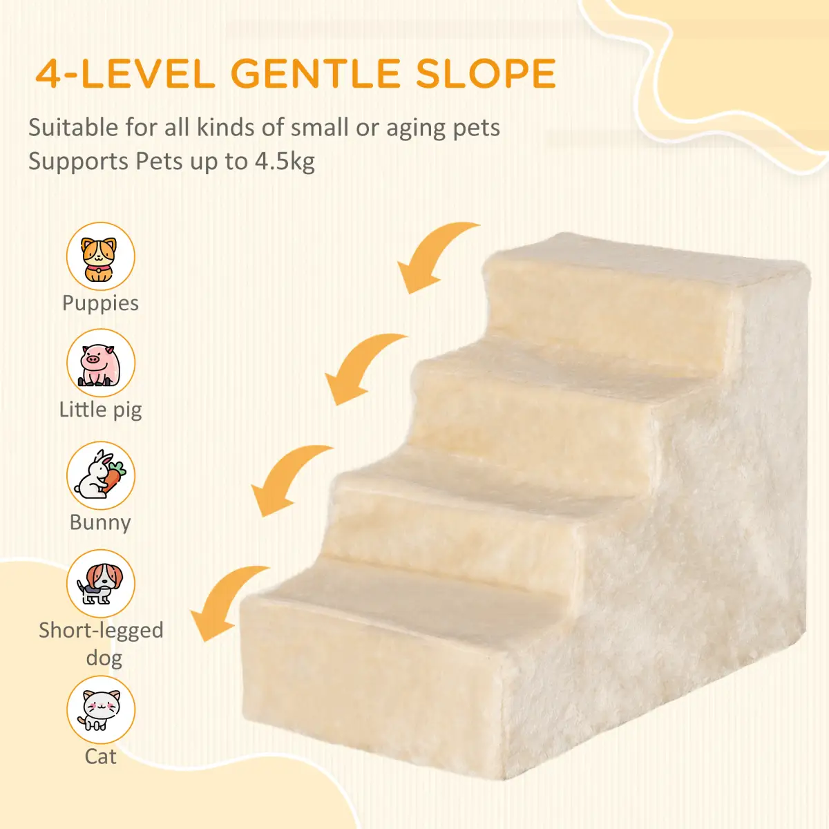 PawHut Portable Dog Stairs with Washable Plush Cover, for High Bed Sofa - Beige - Dog Steps