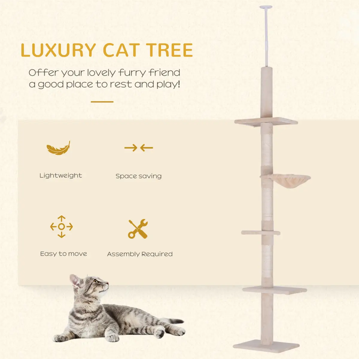 Pawhut Cat Tree Scratching Post Kitty Tower Activity Center 5-Tier Floor to Ceiling - Cat Tree