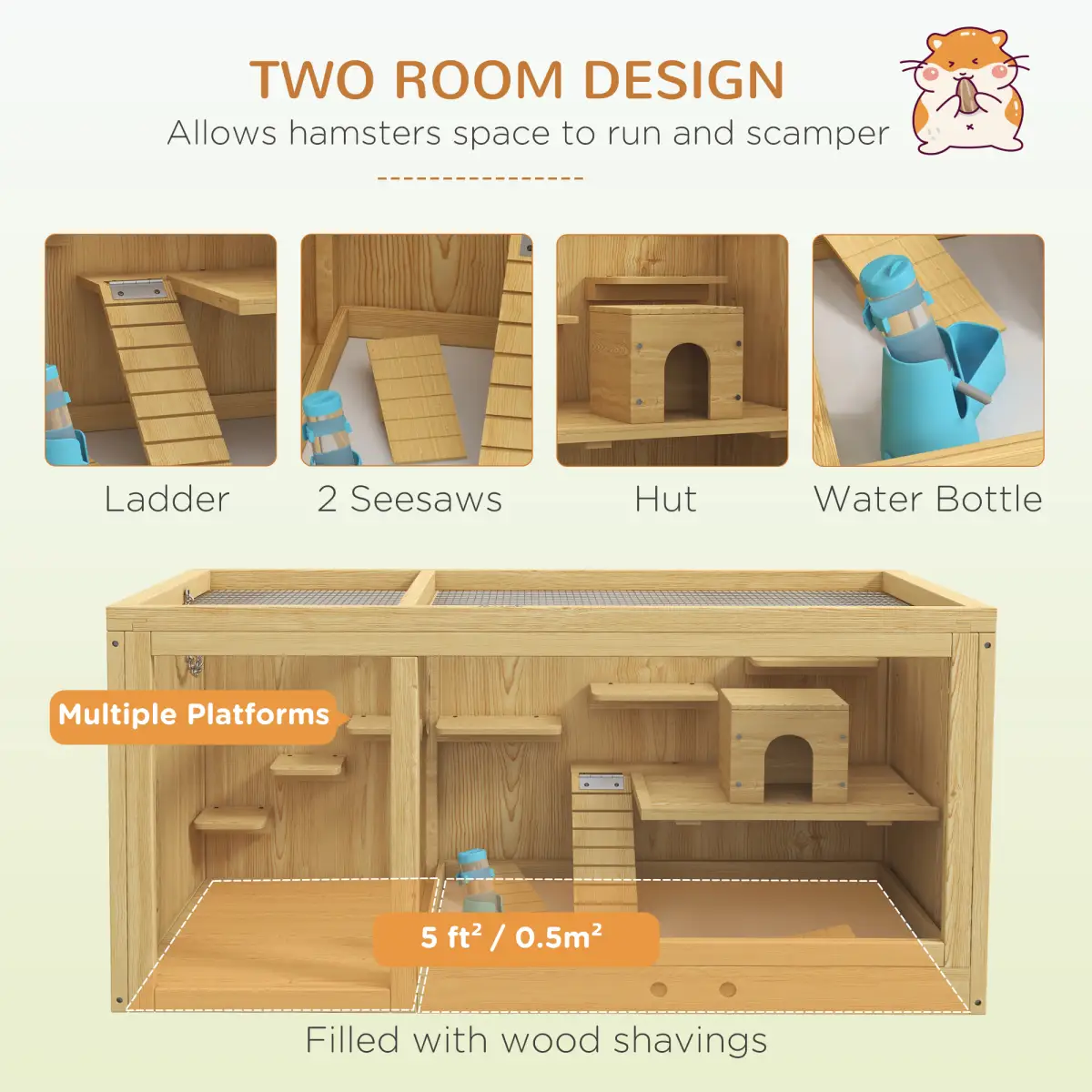 PawHut PawHut Wooden Hamster Cage with Water Bottle, Platforms, Openable Roof - Pet Cage