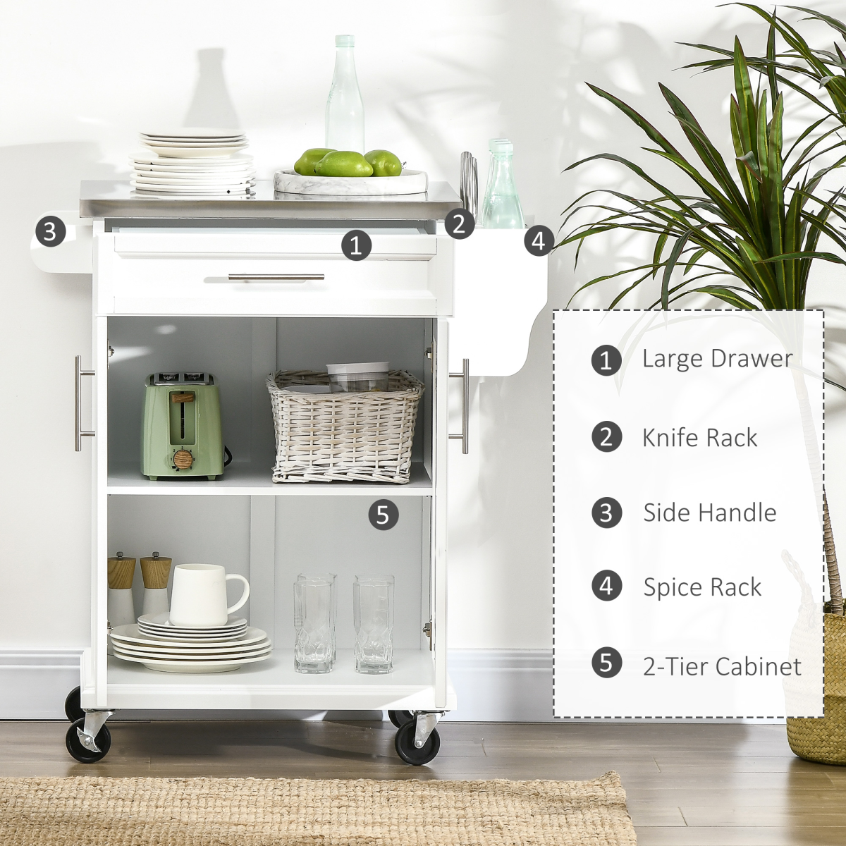 Rolling Kitchen Cart Storage Trolley with Drawer Towel Rail Steel White - from HOMCOM