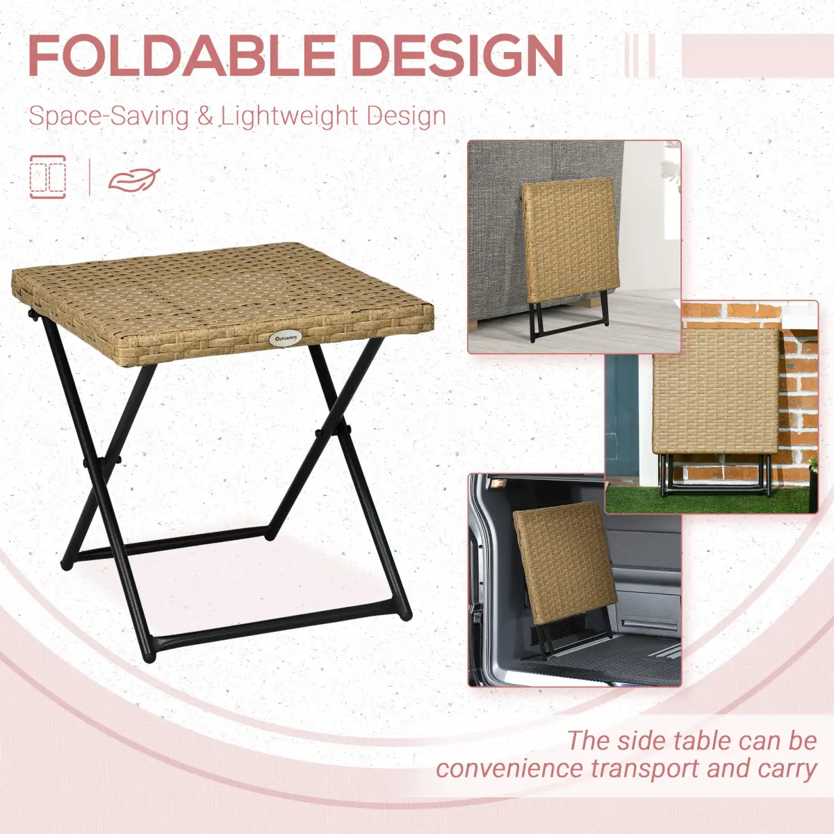 Outsunny Outsunny Folding Square Rattan Coffee Table, Steel Frame Bistro Garden Natural - Garden Table