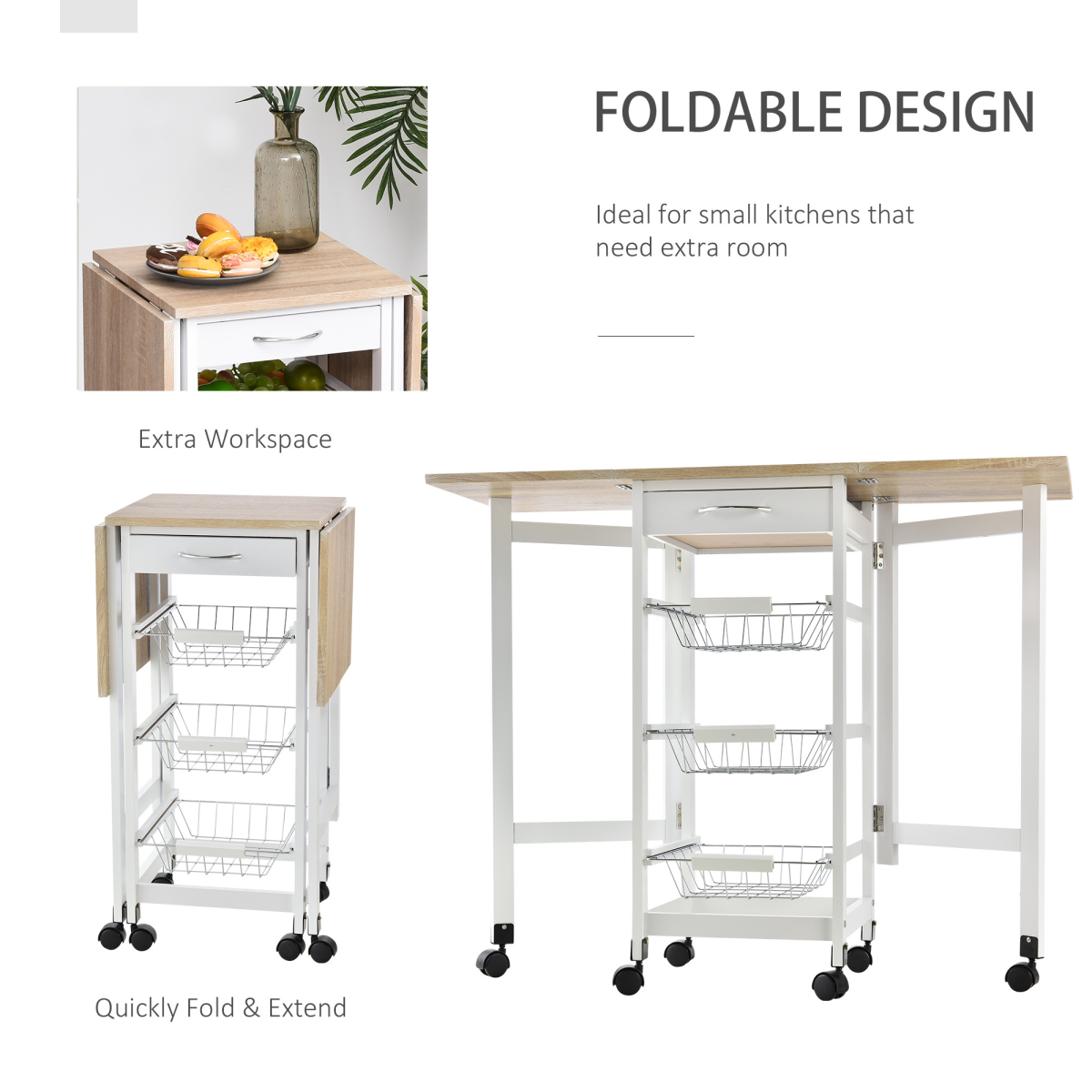 MDF Extendable Kitchen Island Trolley White - from HOMCOM