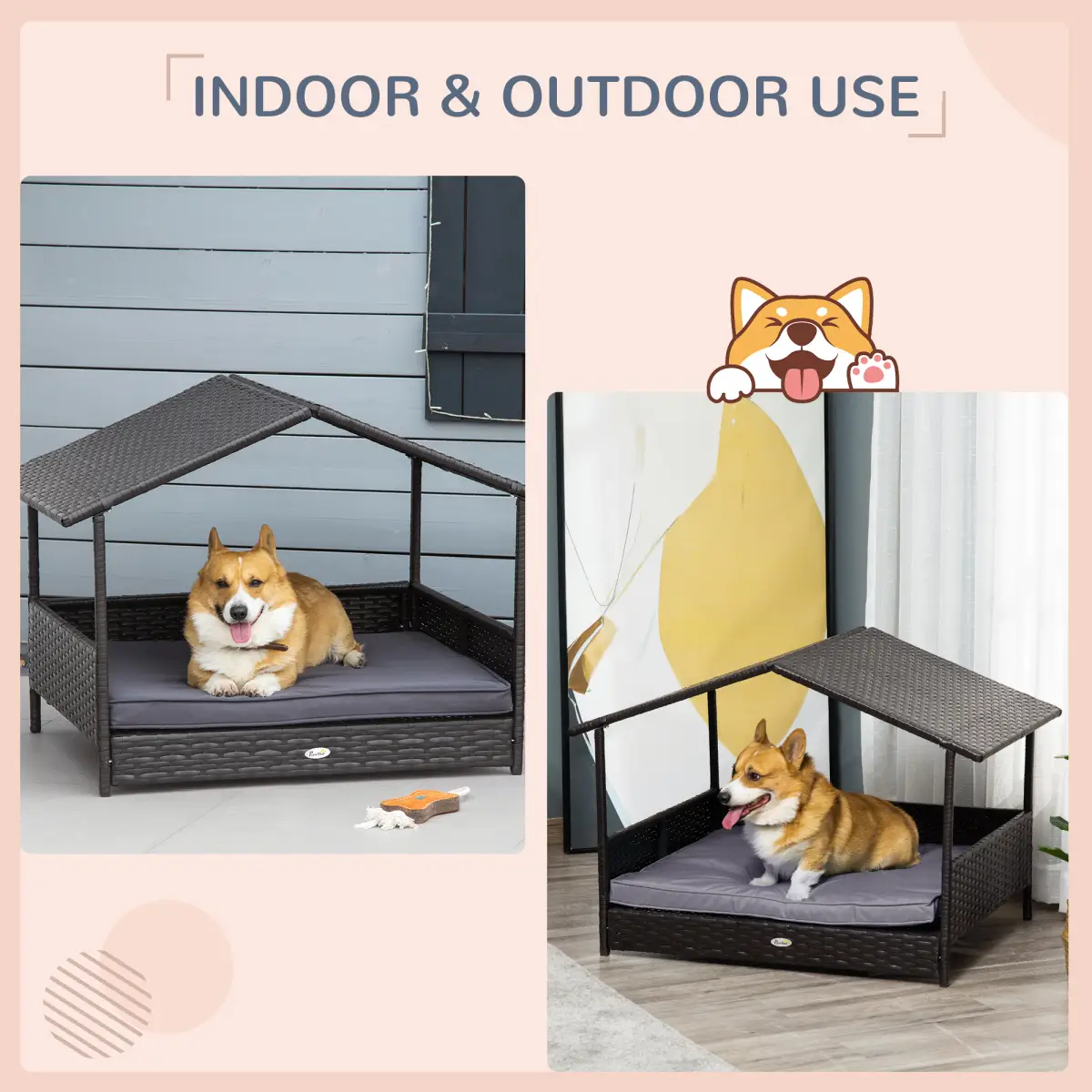 PawHut PawHut Wicker Dog House, Rattan Pet Bed with Soft Cushion, Cat Basket - Grey - Dog Beds