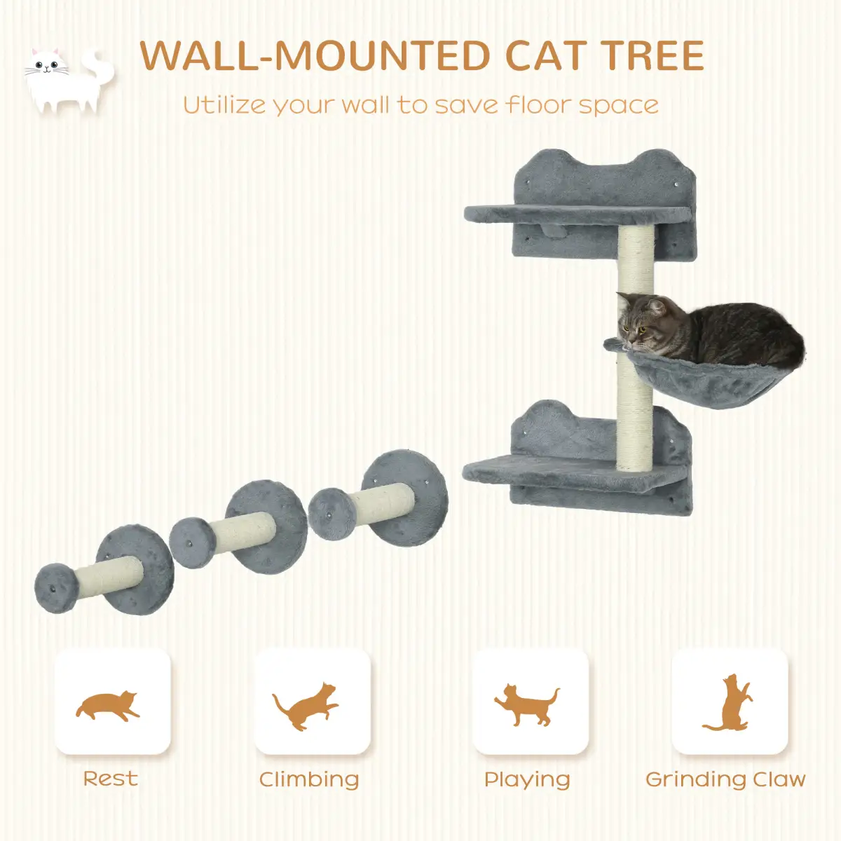 PawHut Cat Shelf with Scratching Post, Wall-Mounted Cat Tree for Indoor Cat - Grey - Cat Tree