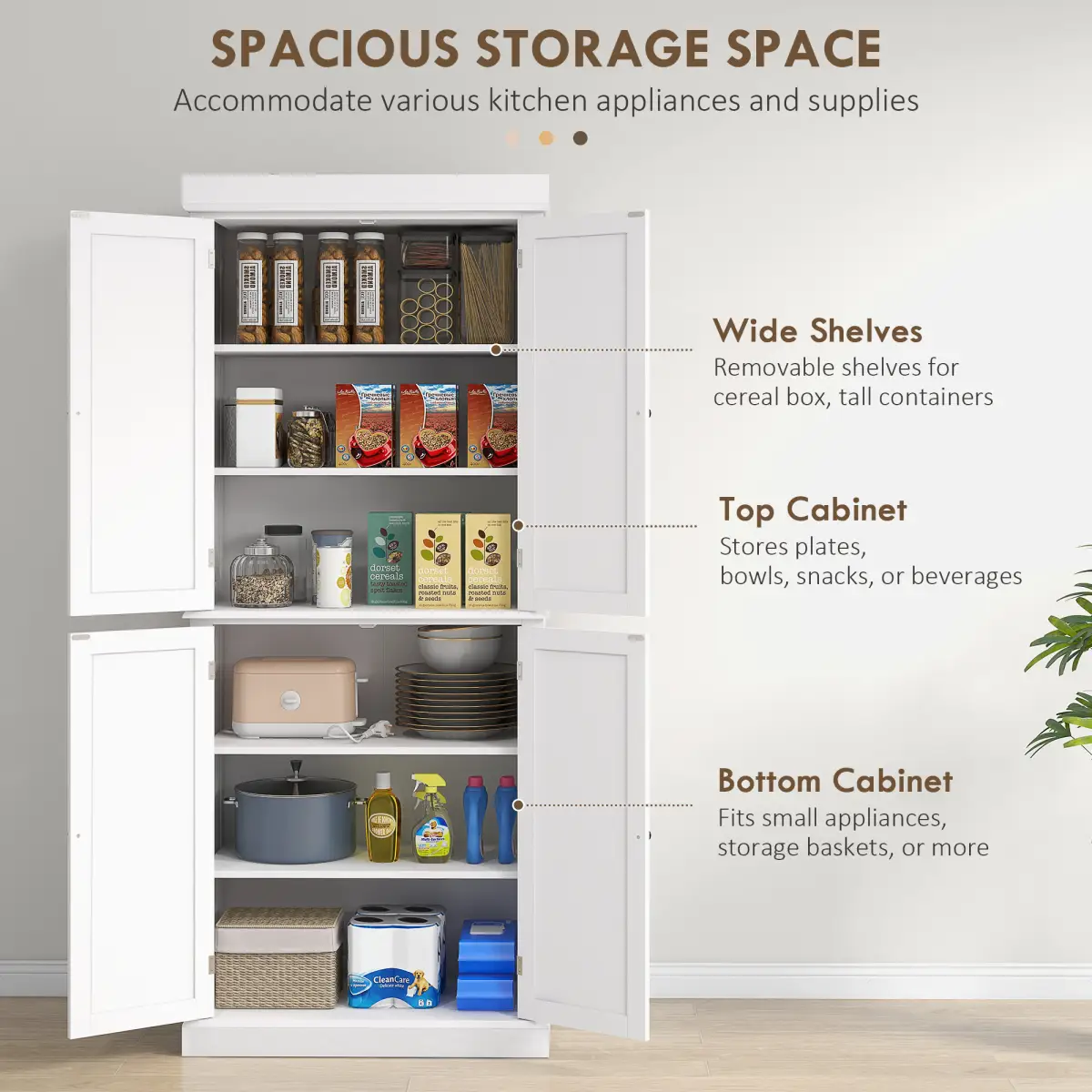 HOMCOM Freestanding Kitchen Cupboard, 6-Tier Cabinet Organizer w/ 4 Adjustable, White - Display Cabinet