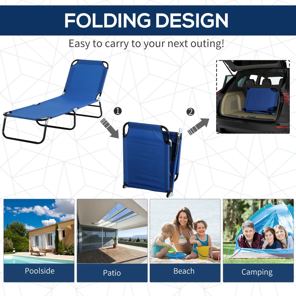 Outsunny Reclining Chair Folding Lounger Seat & Sun Shade Awning Beach, Blue - Folding Chairs
