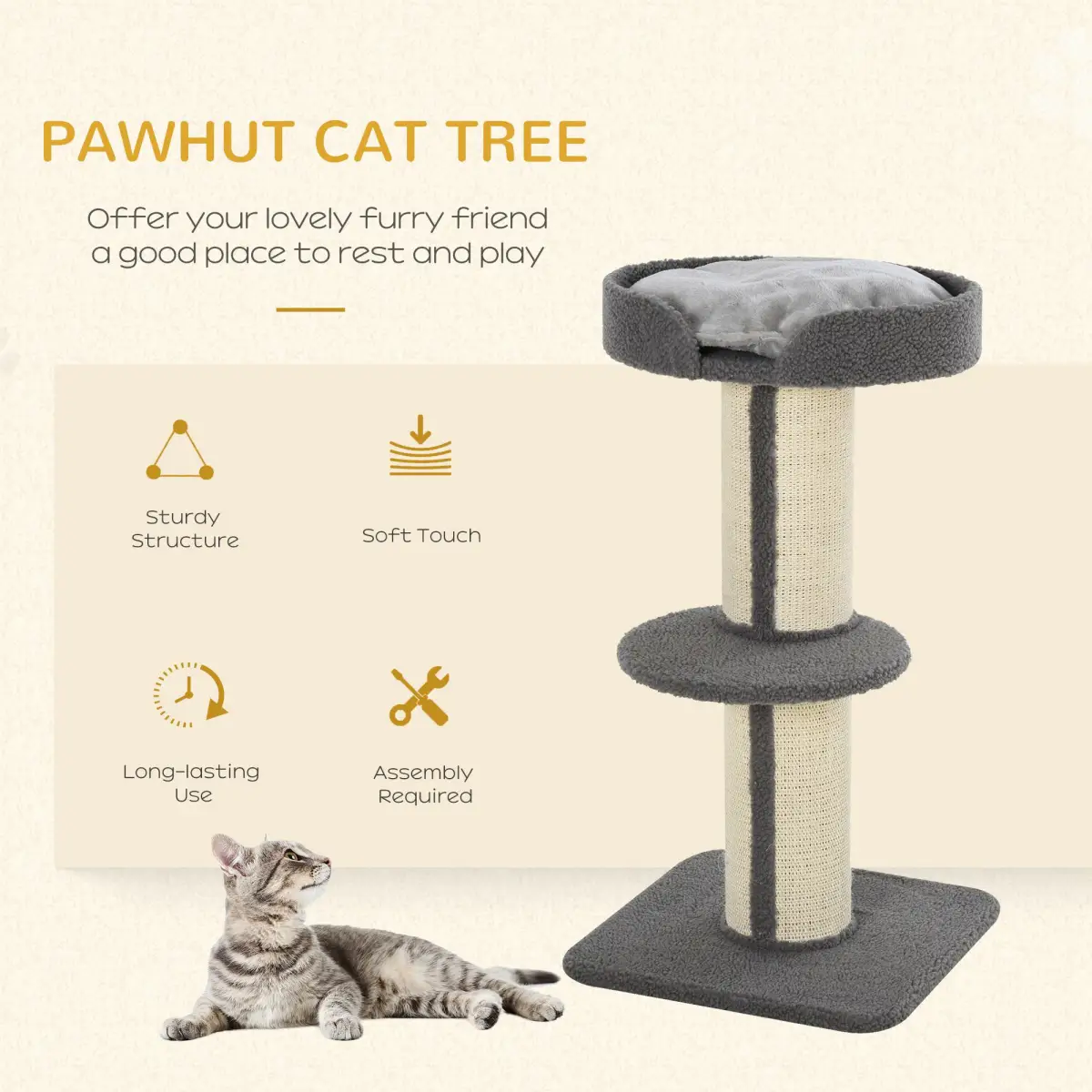 Pawhut 91cm Cat Tree Kitten Activity Center Tower Scratching Post Lamb Cashmere Perch - Cat Tree