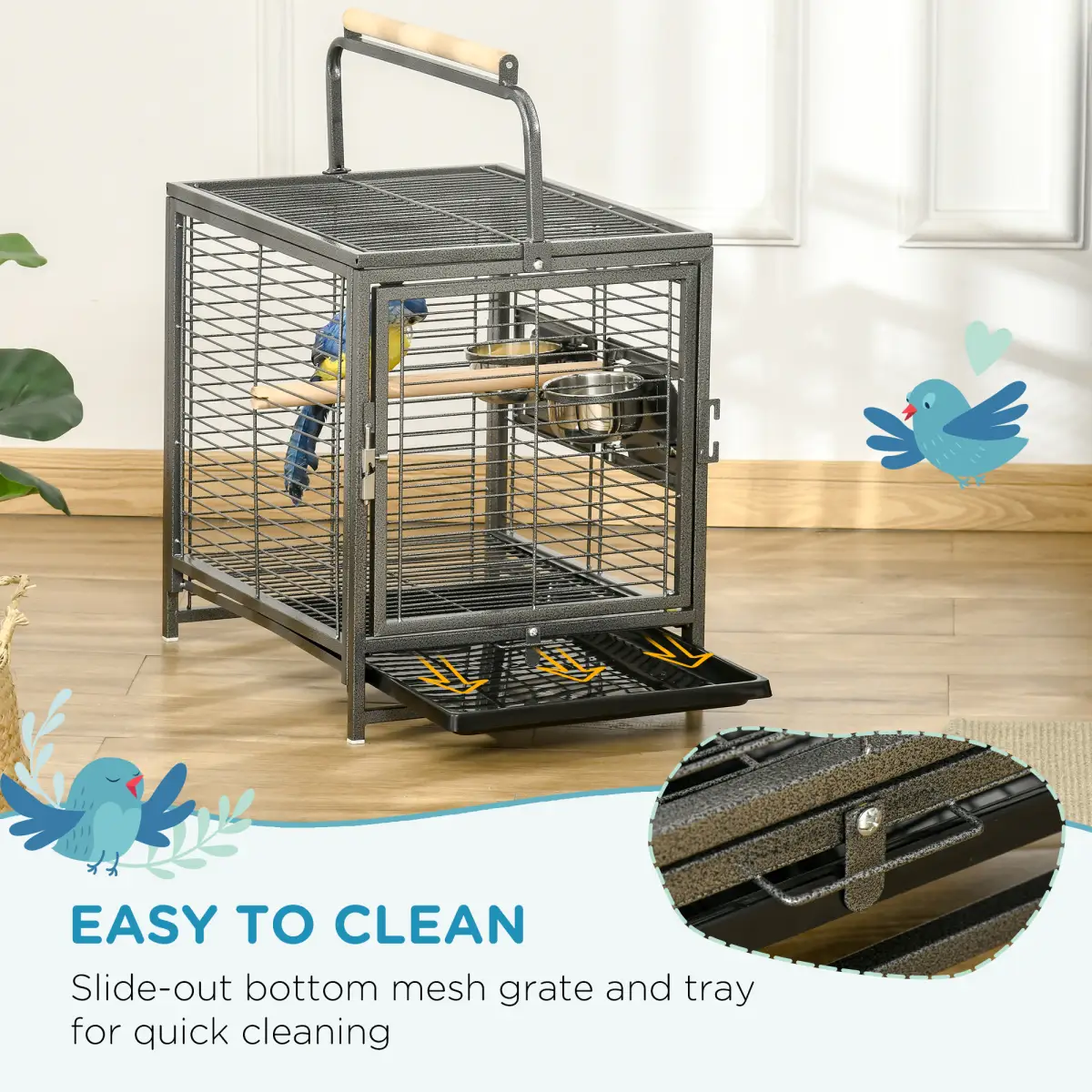 PawHut Parrot Cage Bird Carrier w/ Wooden Perch, Handle - Pet Cage