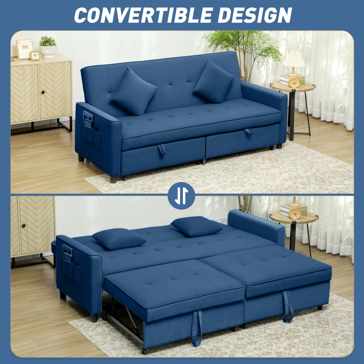 HOMCOM Sofa Bed L Shaped Click Clack Velvet Cushions Home - Sofa Bed